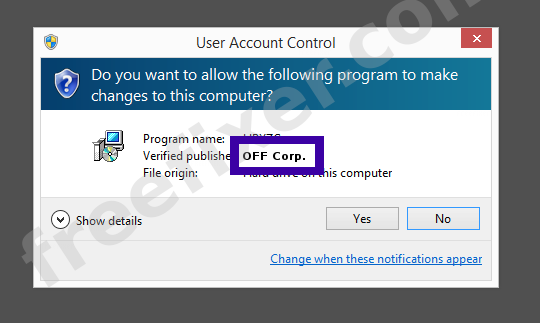 Screenshot where OFF Corp. appears as the verified publisher in the UAC dialog